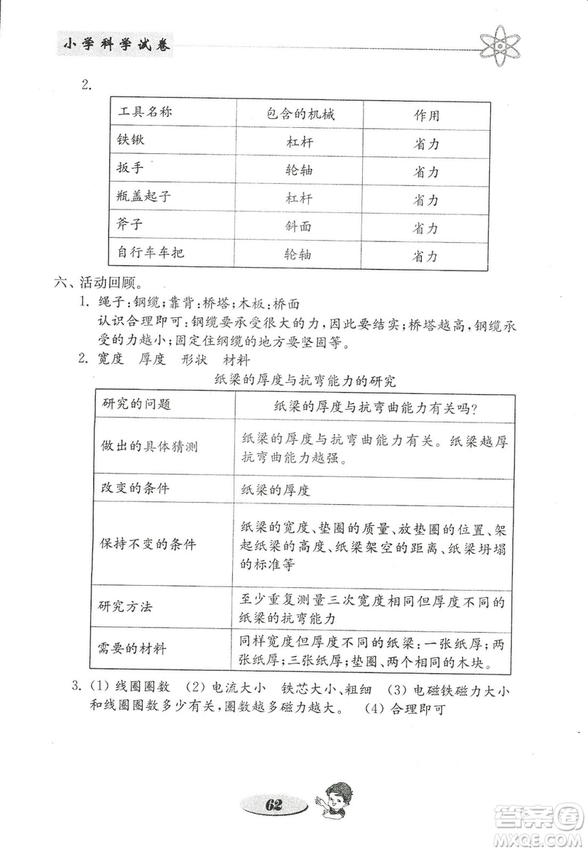 教科版六年級(jí)上冊(cè)金鑰匙小學(xué)科學(xué)試卷2018秋參考答案