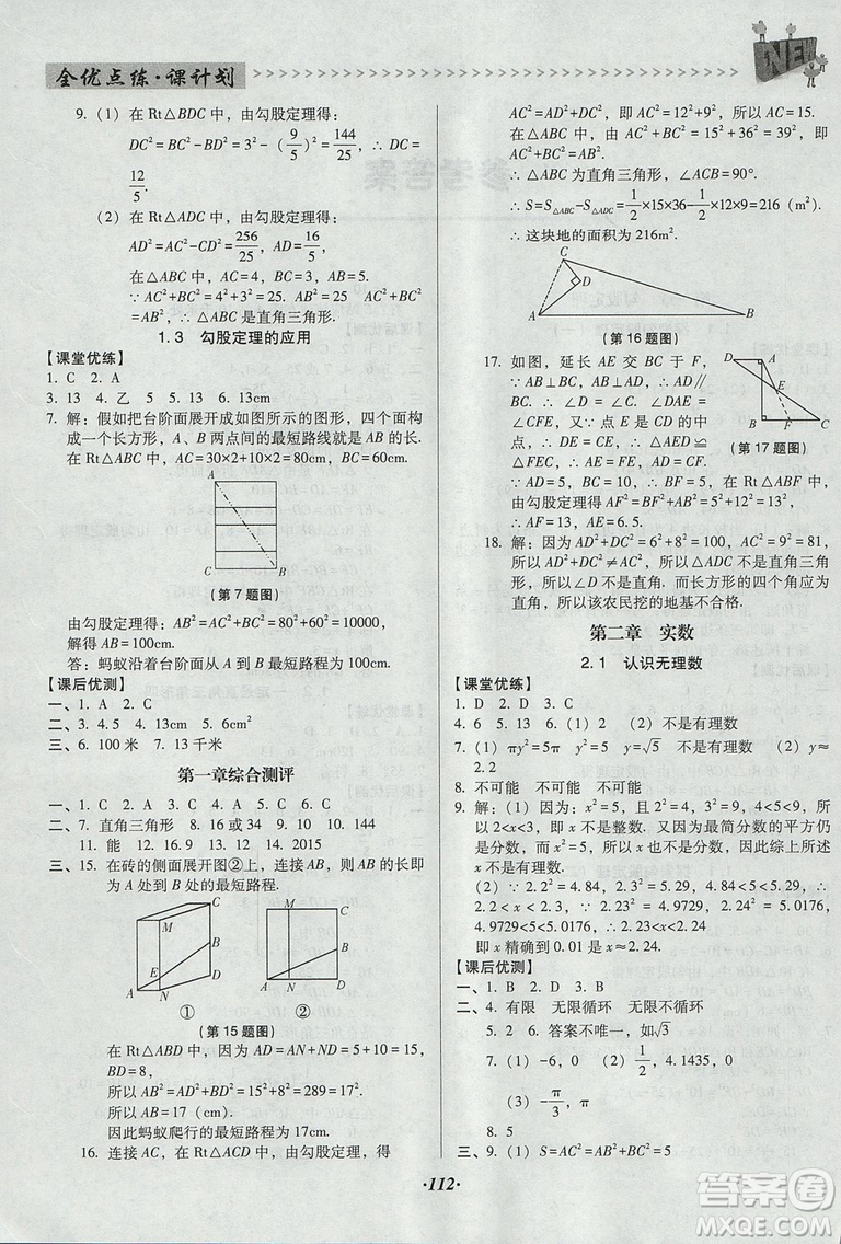 2018年全優(yōu)點(diǎn)練課計(jì)劃八年級數(shù)學(xué)上冊北師大版答案