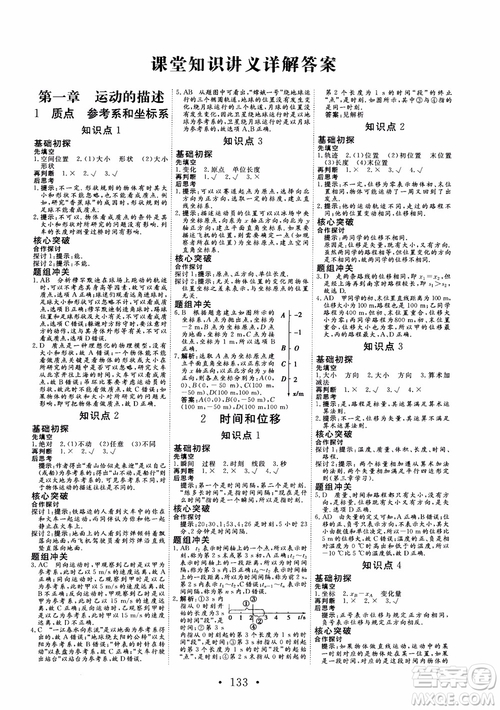 2018版非常學(xué)案物理必修1人教版參考答案