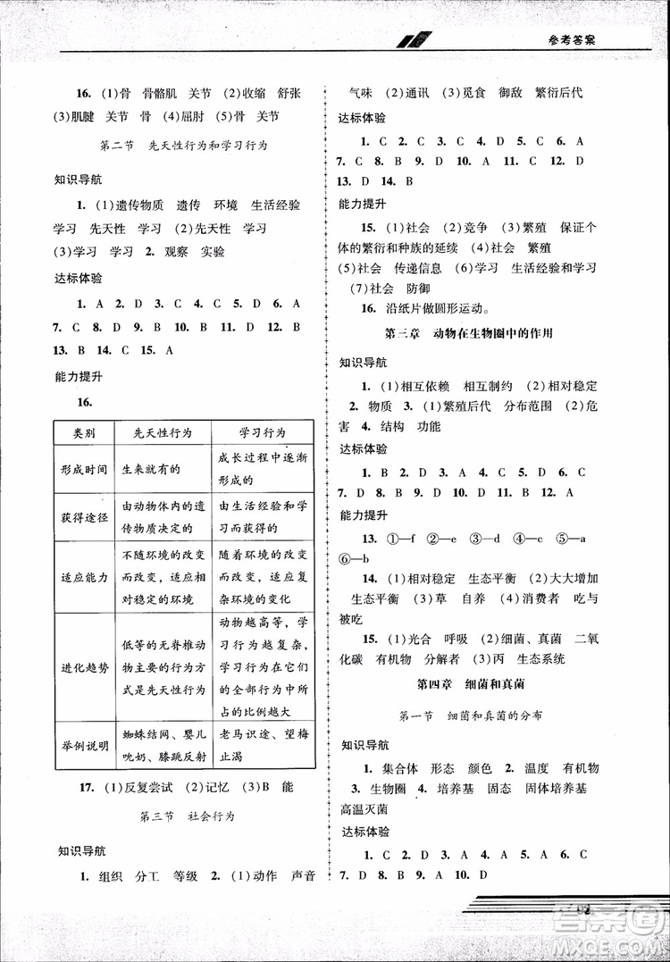 2018自主與互動(dòng)新課程學(xué)習(xí)輔導(dǎo)初中八年級(jí)上冊(cè)生物學(xué)人教版參考答案