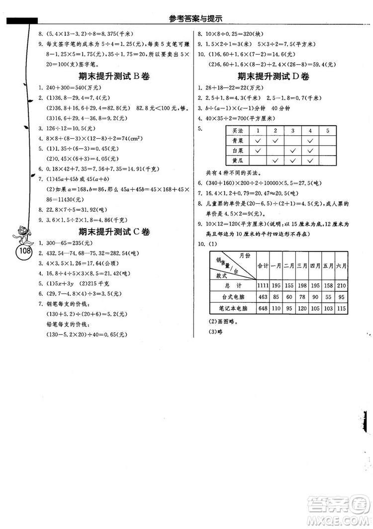 2018秋春雨教育小學(xué)數(shù)學(xué)應(yīng)用題解題高手五年級上冊蘇教江蘇版參考答案