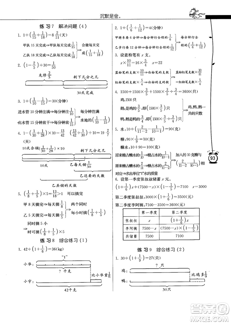 春雨教育2018秋小學(xué)數(shù)學(xué)應(yīng)用題解題高手六年級上冊RMJY人教版參考答案