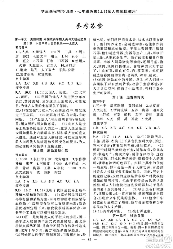 2018版學(xué)生課程精巧訓(xùn)練歷史七年級上冊人教版答案