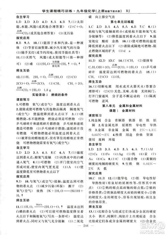 2018版學(xué)生課程精巧訓(xùn)練化學(xué)八年級上冊人教RJ版答案