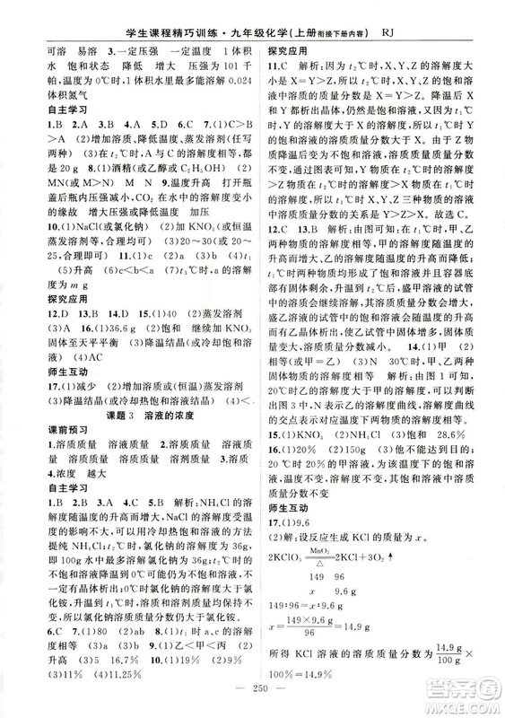 2018版學(xué)生課程精巧訓(xùn)練化學(xué)八年級上冊人教RJ版答案