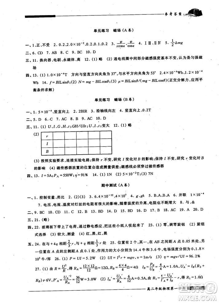 2018版我能考第一金牌一課一練物理試用本高二年級第一學(xué)期參考答案