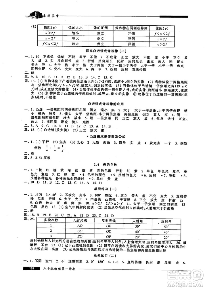 我能考第一金牌一課一練2018版物理試用本八年級第一學(xué)期參考答案