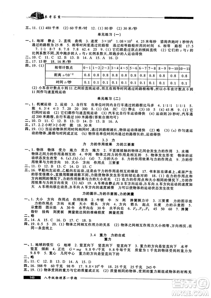 我能考第一金牌一課一練2018版物理試用本八年級第一學(xué)期參考答案