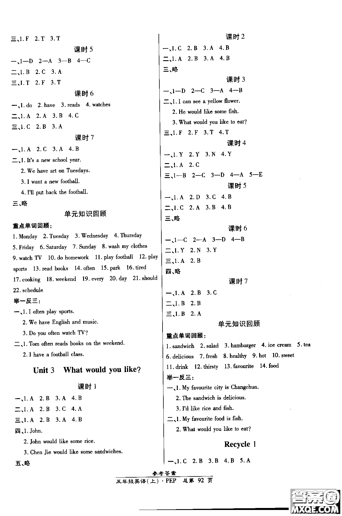 萬向思維2018高效課時(shí)通五年級(jí)英語(yǔ)人教版上冊(cè)參考答案