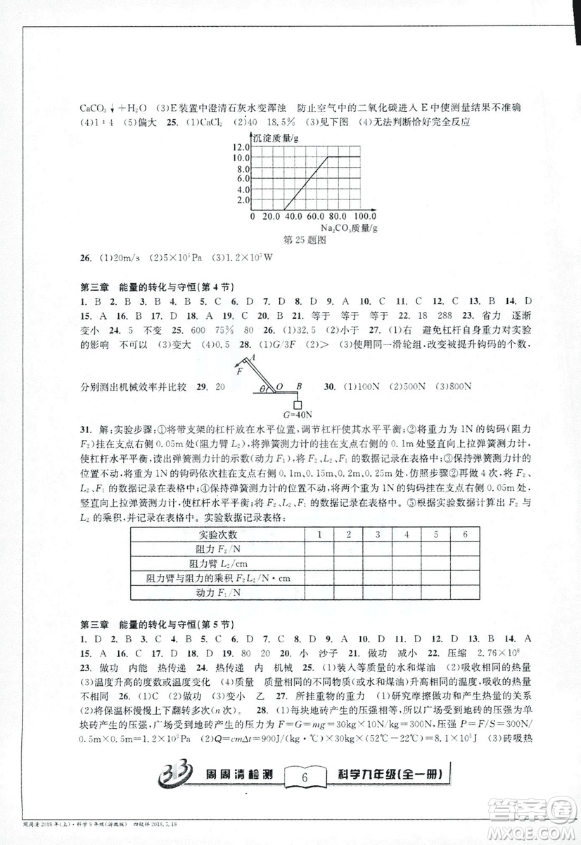 2018秋BFB百分百周周清檢測卷九年級科學全一冊浙教版參考答案