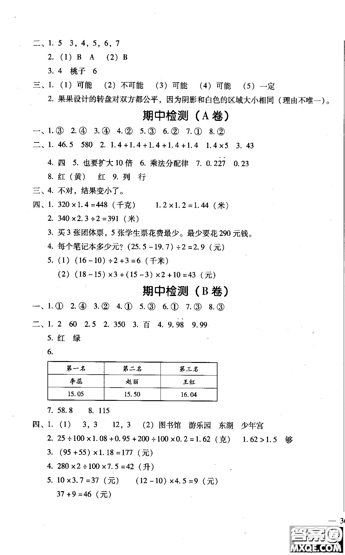 2018年幫你學(xué)單元目標(biāo)檢測(cè)測(cè)題AB卷數(shù)學(xué)六年級(jí)上R人教版答案