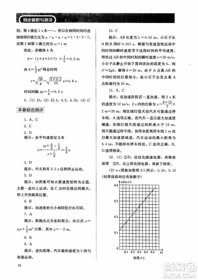 2018人教金學(xué)典物理必修1同步練習(xí)冊(cè)同步解析與測(cè)評(píng)參考答案