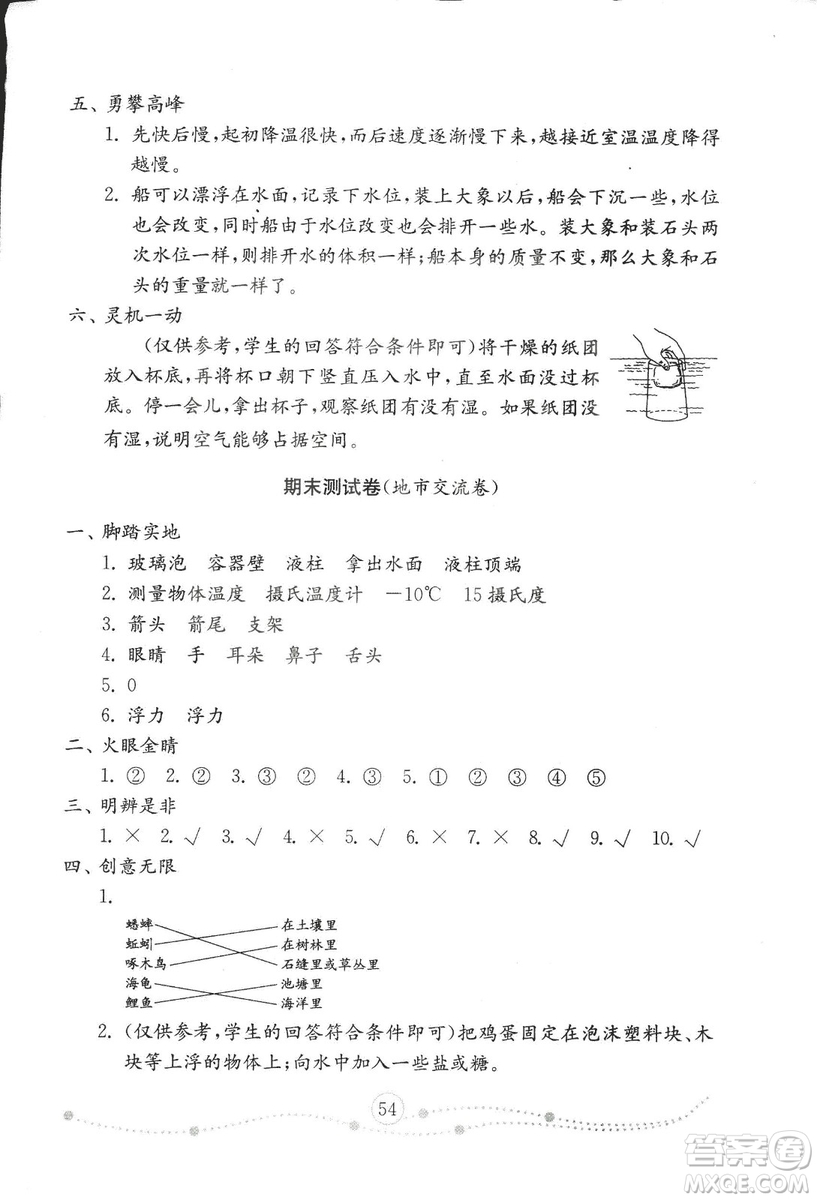 2018秋金鑰匙小學(xué)科學(xué)試卷青島版三年級上冊參考答案