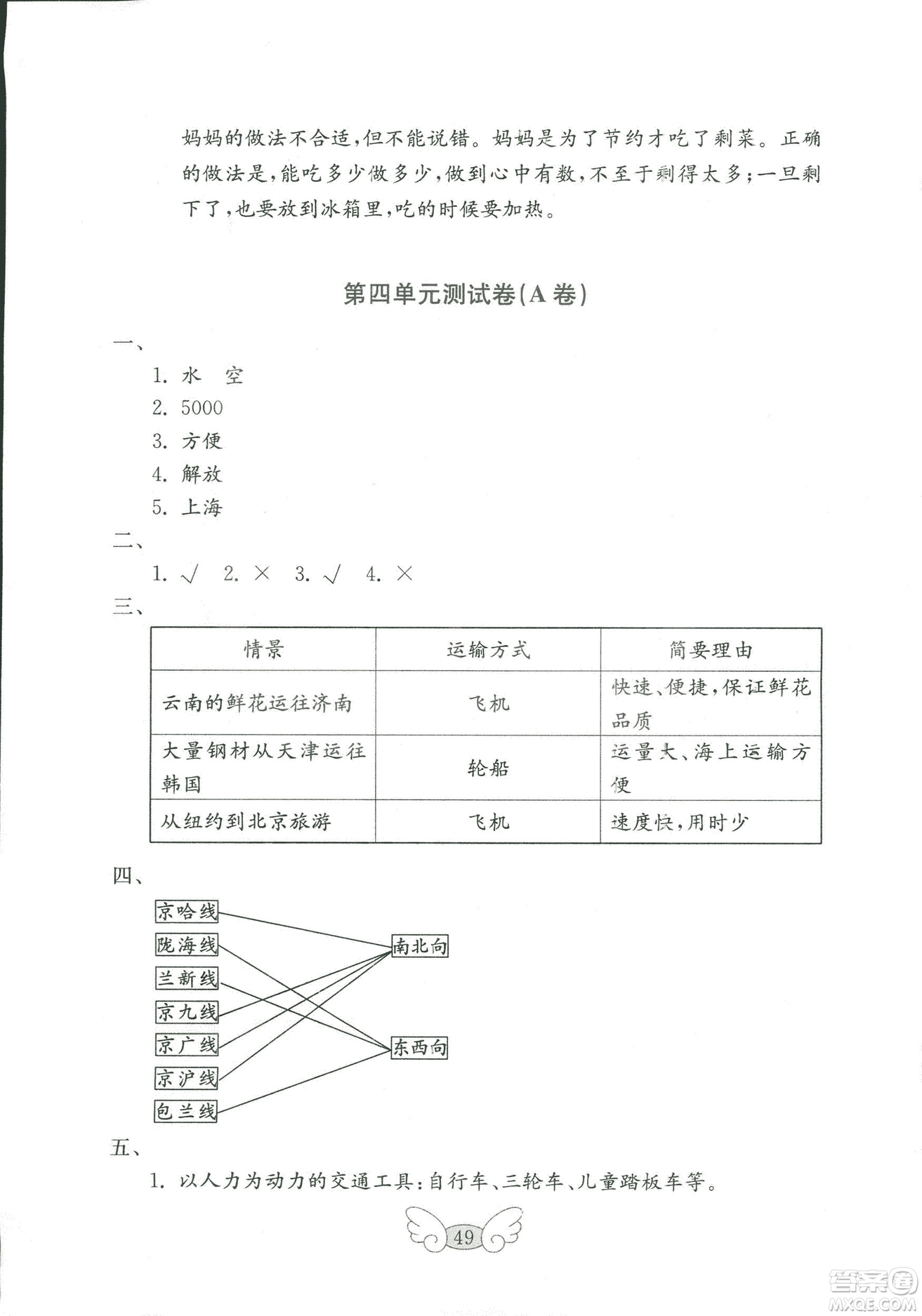 2018年金鑰匙小學(xué)品德與社會試卷四年級上五四制魯教版答案