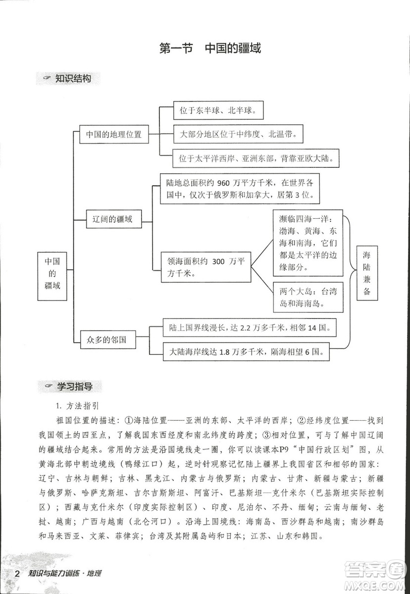 2018年知識與能力訓(xùn)練湘教版八年級地理上冊參考答案