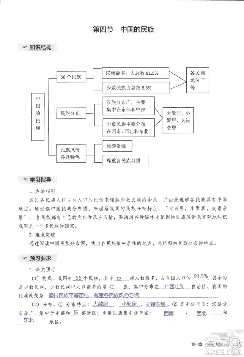 2018年知識與能力訓(xùn)練湘教版八年級地理上冊參考答案