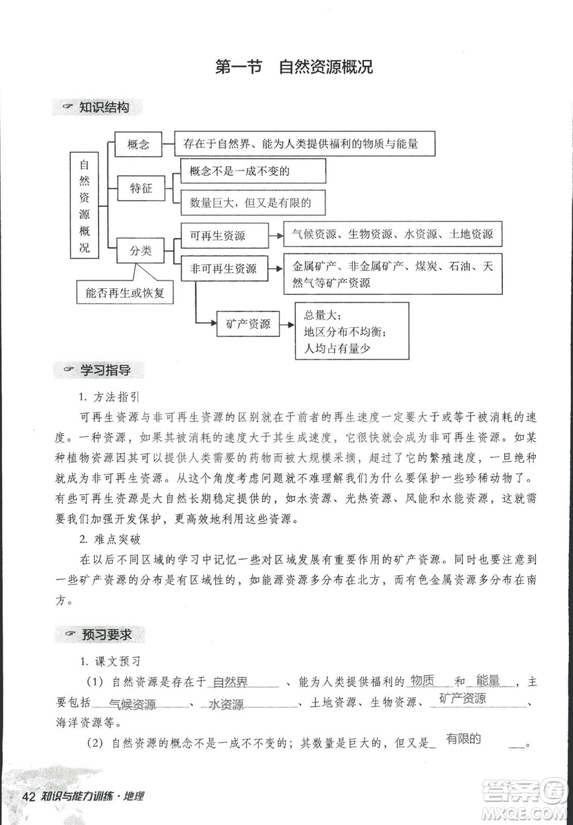 2018年知識與能力訓(xùn)練湘教版八年級地理上冊參考答案