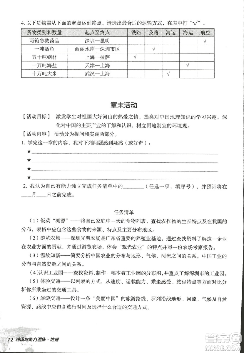 2018年知識與能力訓(xùn)練湘教版八年級地理上冊參考答案