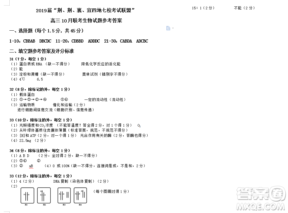 2019屆荊荊襄宜四地七?？荚嚶?lián)盟高三10月聯(lián)考生物答案