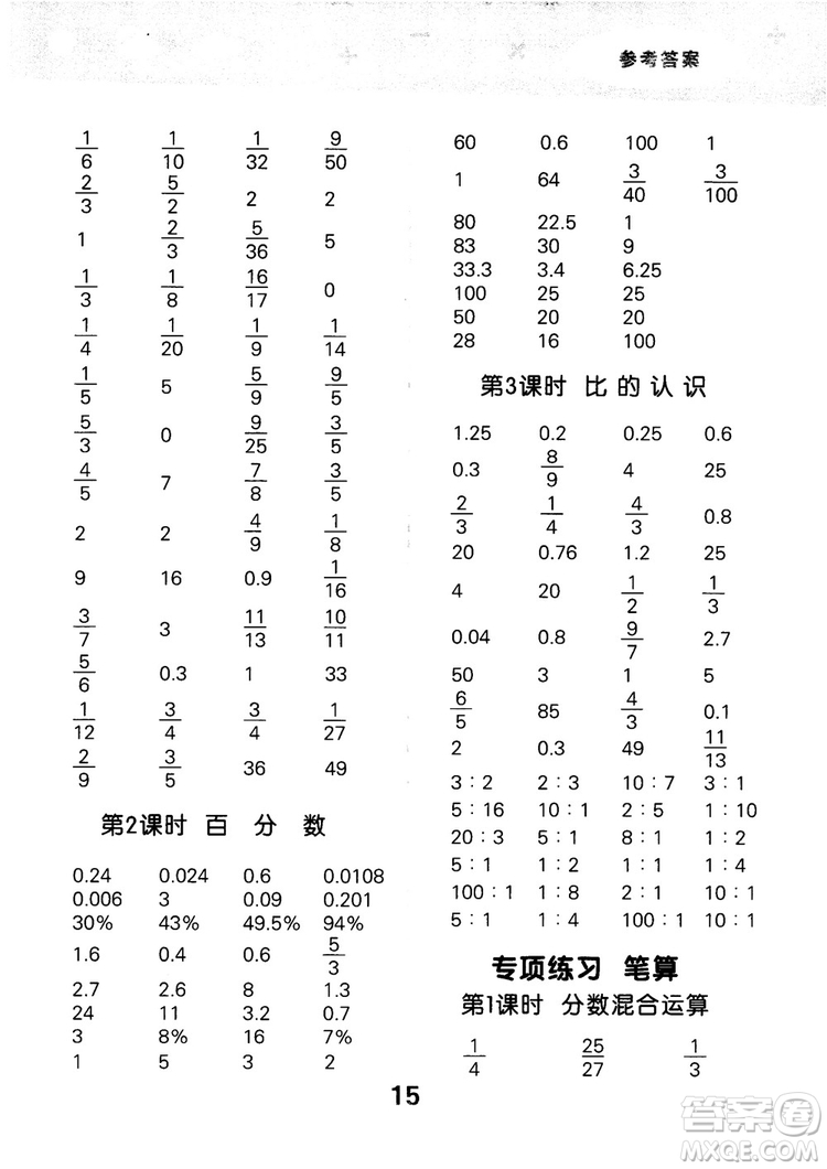 小兒郎2018新版小學(xué)口算大通關(guān)六年級上冊北師大版BSD參考答案