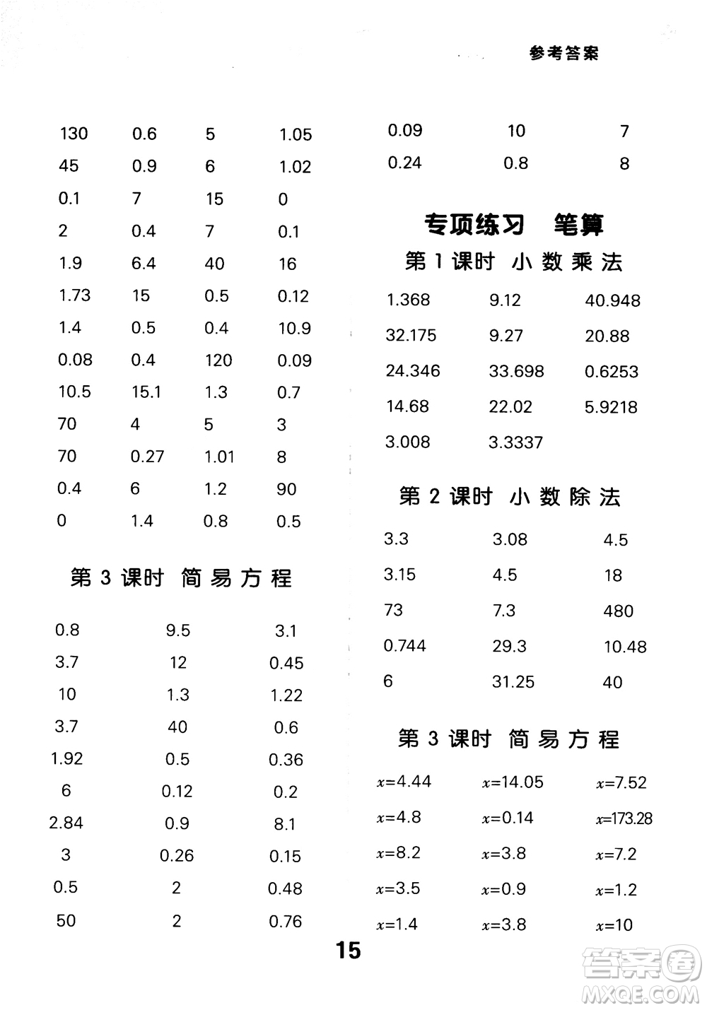 2018年秋小學(xué)口算大通關(guān)數(shù)學(xué)五年級上冊RJ人教參考答案