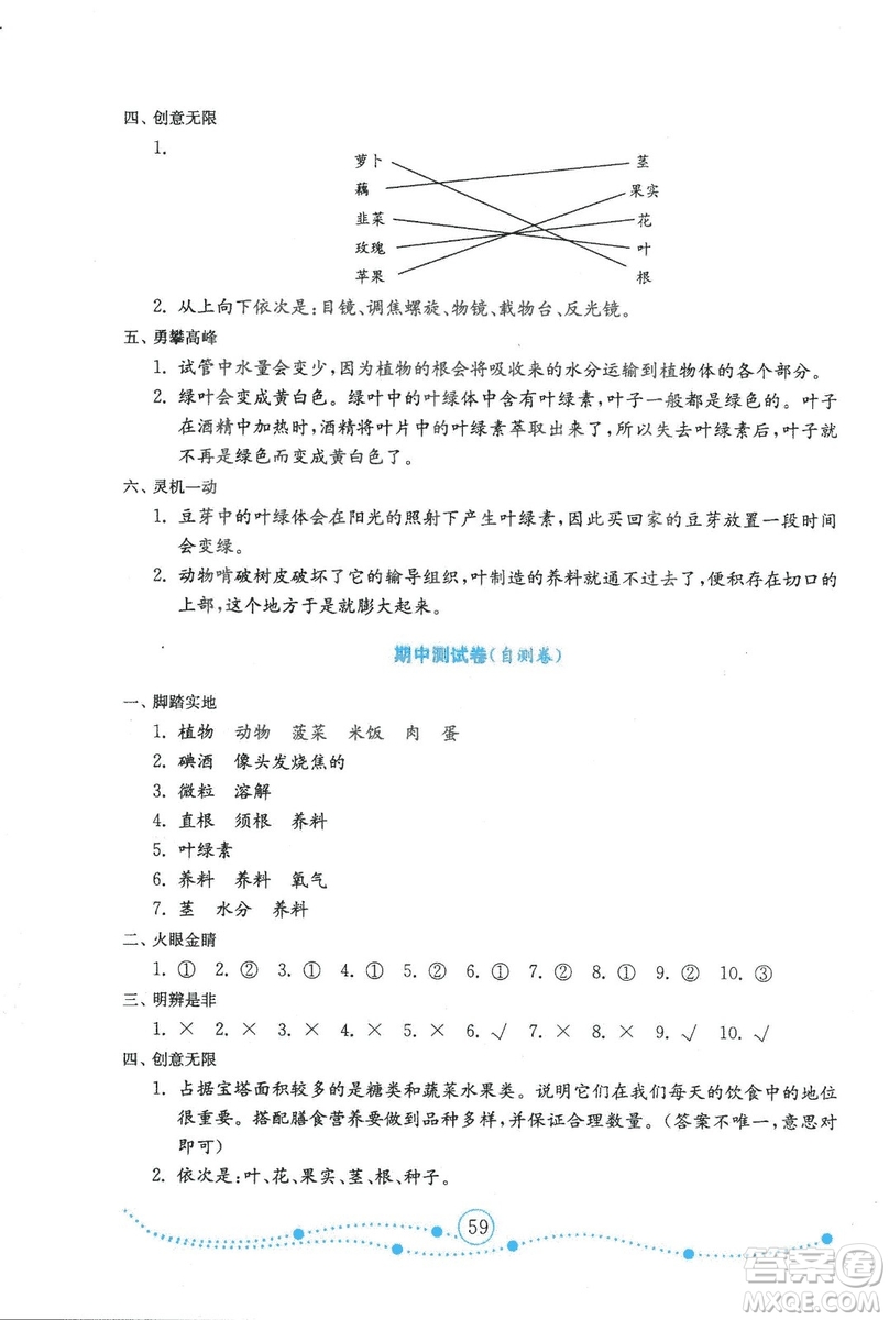 金版2018年小學(xué)科學(xué)試卷金鑰匙青島版四年級上冊參考答案