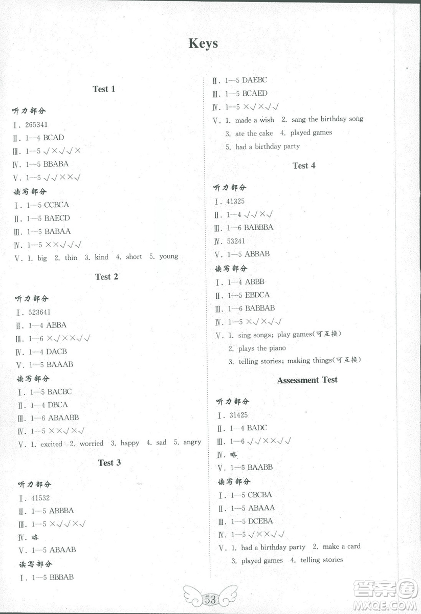 五四學(xué)制2018年金鑰匙英語試卷魯科版三年級起點五年級上冊參考答案