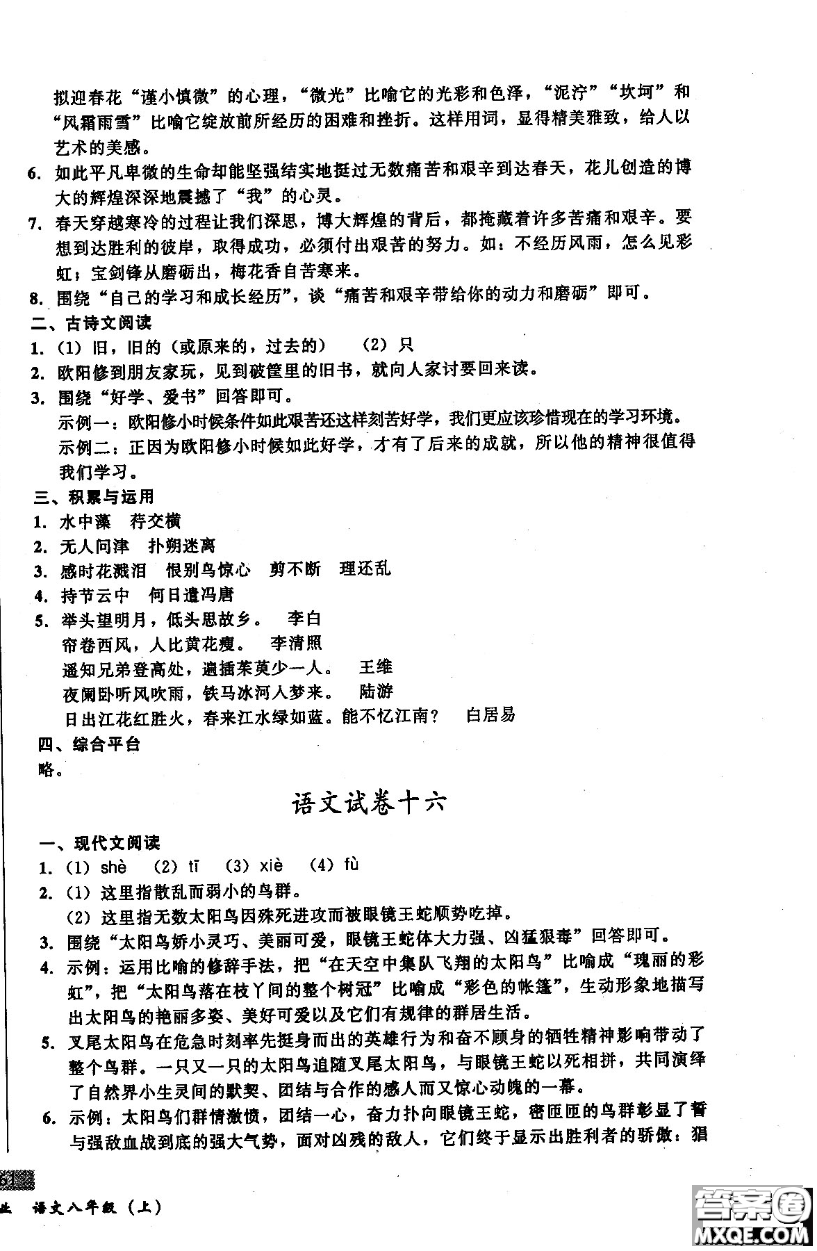 2018年無(wú)敵戰(zhàn)卷課時(shí)作業(yè)八年級(jí)語(yǔ)文上冊(cè)通用版答案