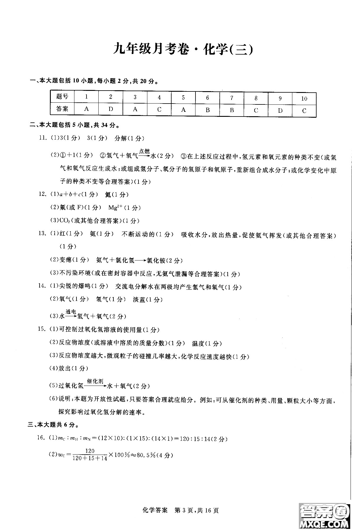 2018年優(yōu)加全能沖刺100分月考卷化學(xué)九年級全一冊參考答案