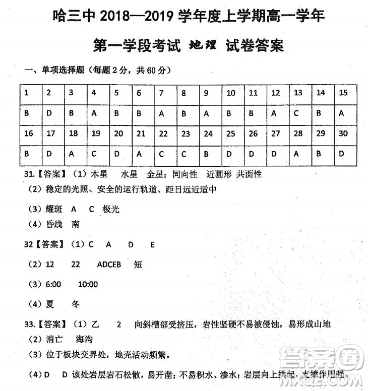 哈三中2018高一期中考試地理試卷答案