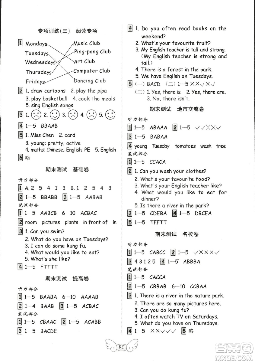 2018年金鑰匙小學(xué)英語(yǔ)試卷人教版PEP五年級(jí)上冊(cè)三年級(jí)起點(diǎn)參考答案