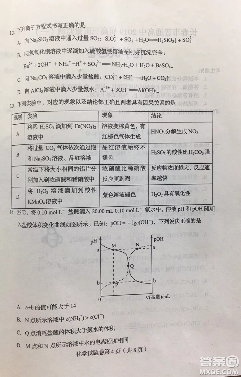 長春2019屆高三“一模”化學(xué)試卷及答案