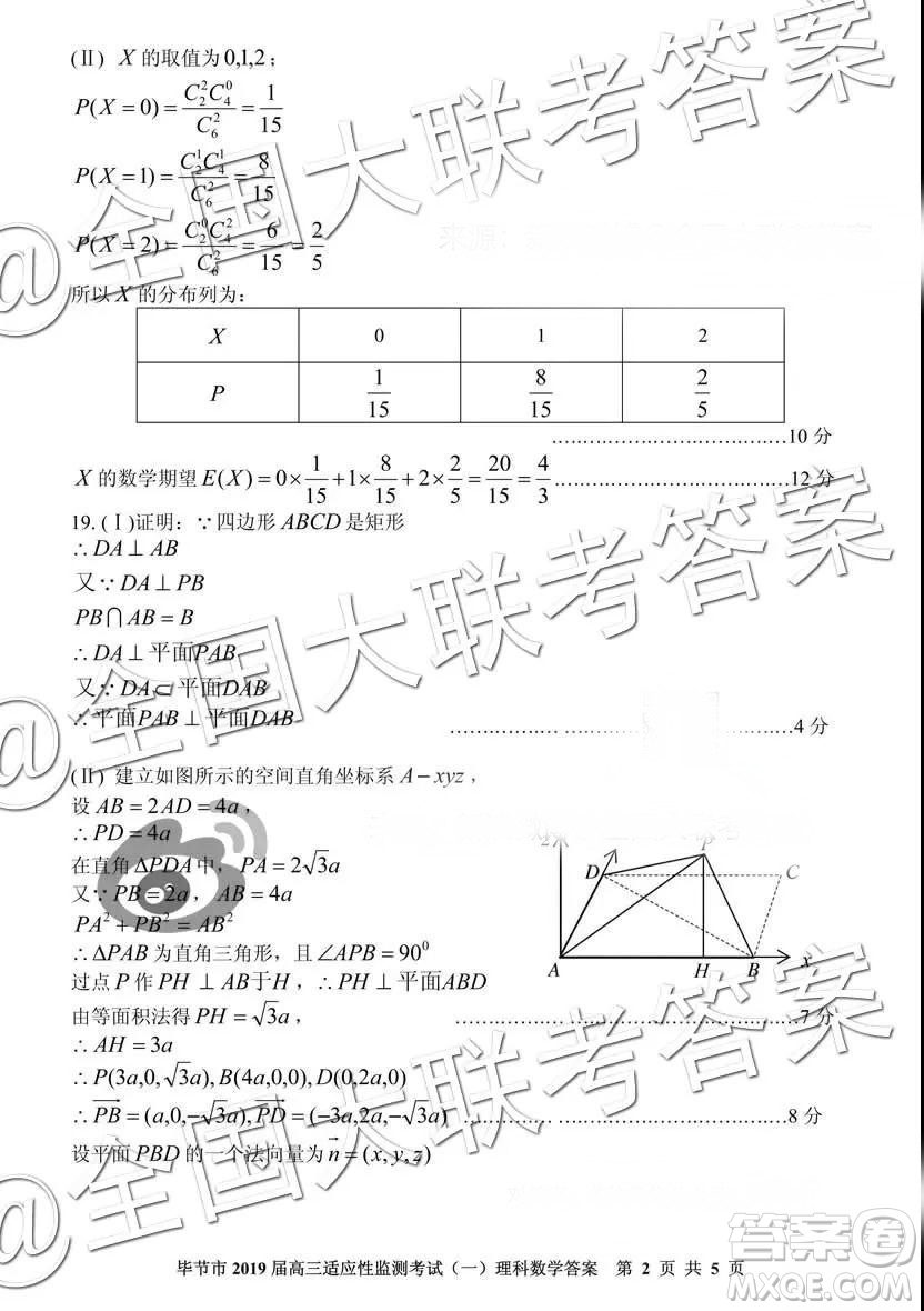 畢節(jié)市2019屆高三適應(yīng)性監(jiān)測(cè)考試一理科數(shù)學(xué)參考答案