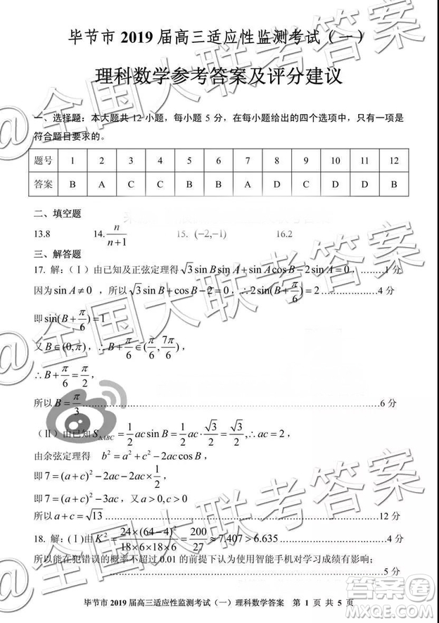 畢節(jié)市2019屆高三適應(yīng)性監(jiān)測(cè)考試一理科數(shù)學(xué)參考答案