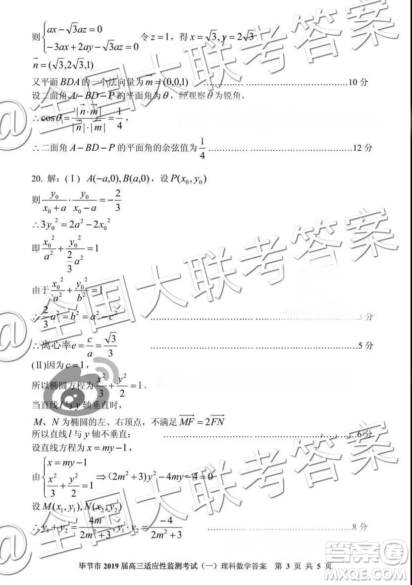 畢節(jié)市2019屆高三適應(yīng)性監(jiān)測(cè)考試一理科數(shù)學(xué)參考答案