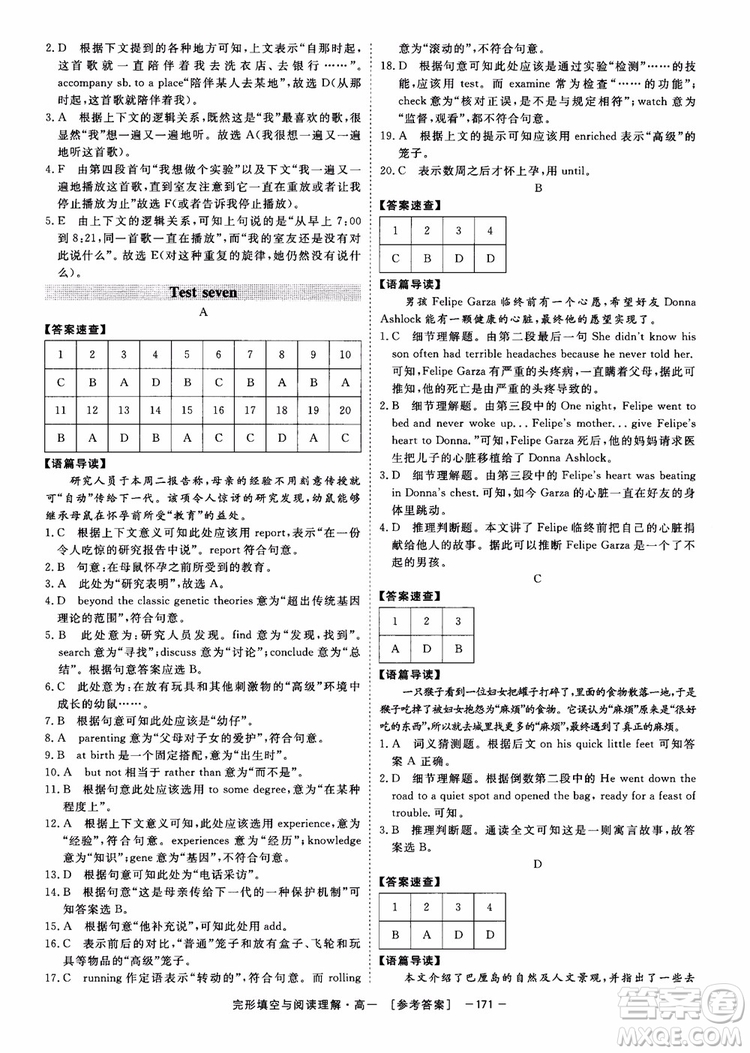 唐人英語2018頂尖訓(xùn)練完形填空與閱讀理解160篇高一參考答案