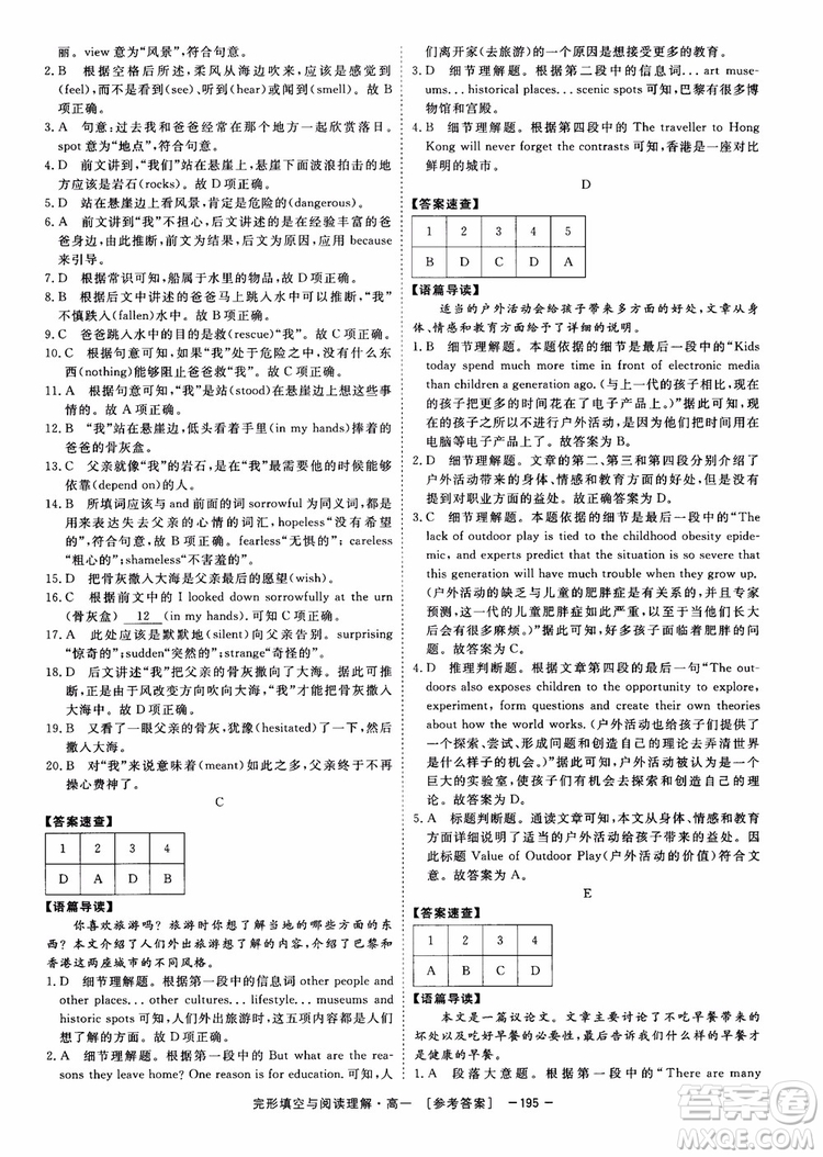 唐人英語2018頂尖訓(xùn)練完形填空與閱讀理解160篇高一參考答案