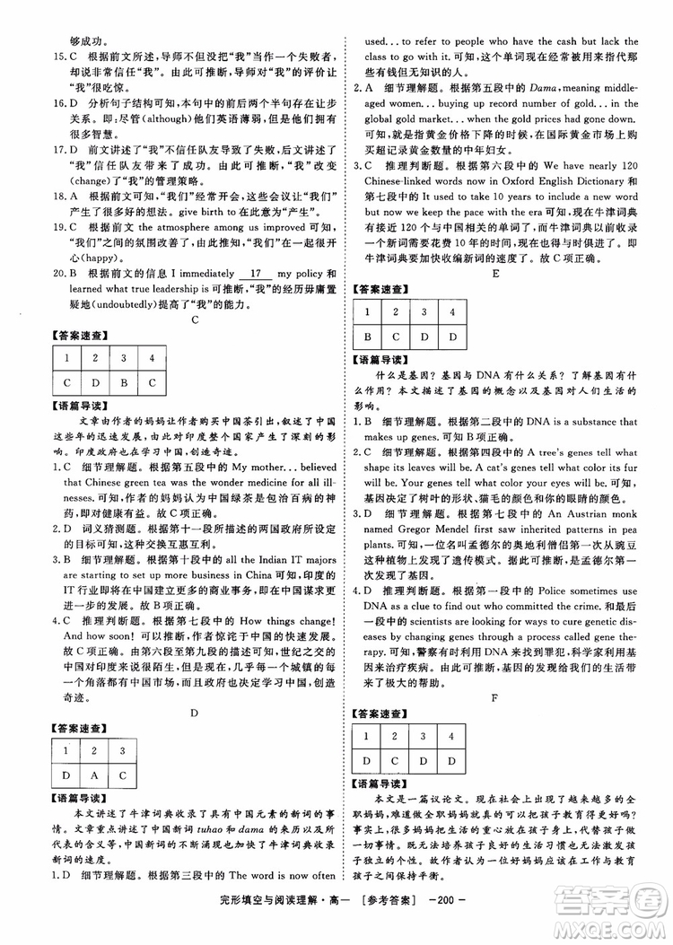 唐人英語2018頂尖訓(xùn)練完形填空與閱讀理解160篇高一參考答案