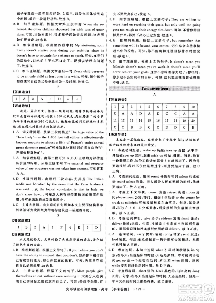 唐人英語(yǔ)2019頂尖訓(xùn)練高考完形填空與閱讀理解160篇參考答案