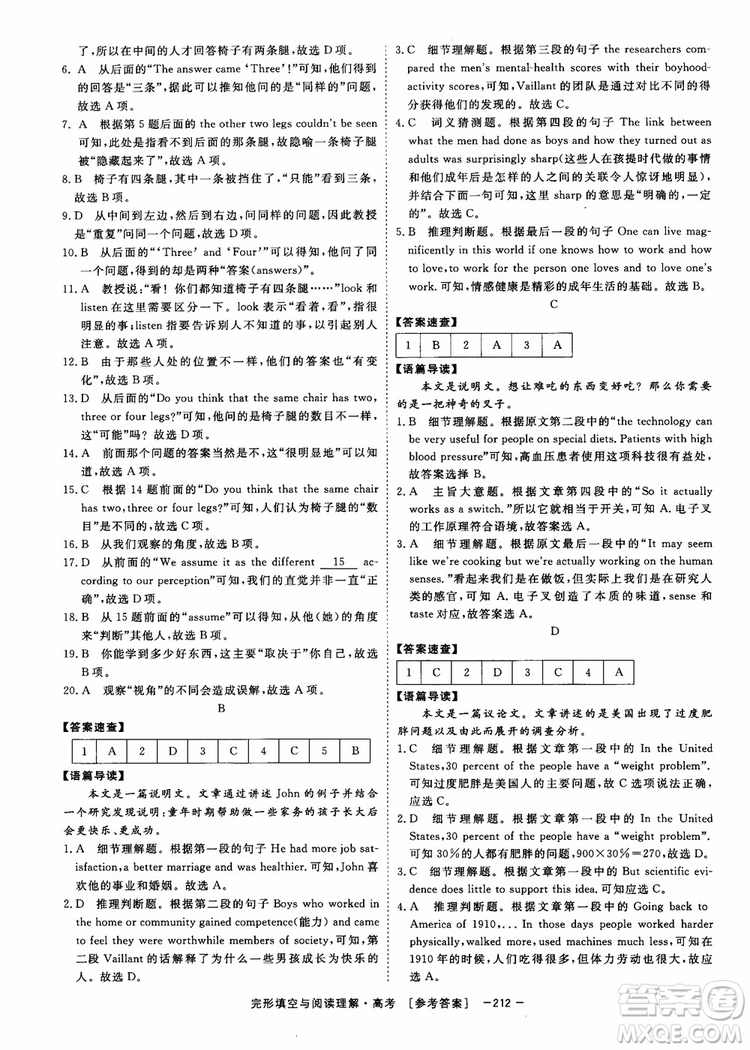 唐人英語(yǔ)2019頂尖訓(xùn)練高考完形填空與閱讀理解160篇參考答案