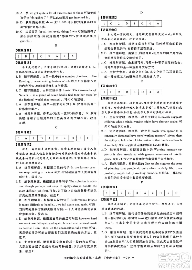 唐人英語(yǔ)2019頂尖訓(xùn)練高考完形填空與閱讀理解160篇參考答案