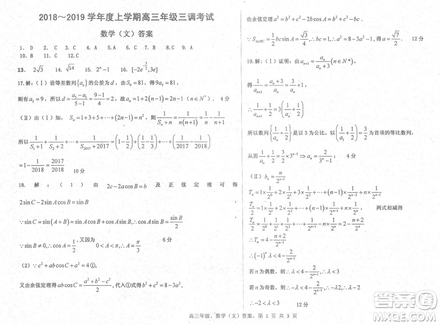 2019屆河北省衡水中學(xué)高三上學(xué)期三調(diào)考試文科數(shù)學(xué)試題及答案