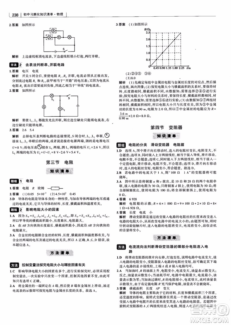 曲一線2019版初中習題化知識清單物理第2次修訂參考答案