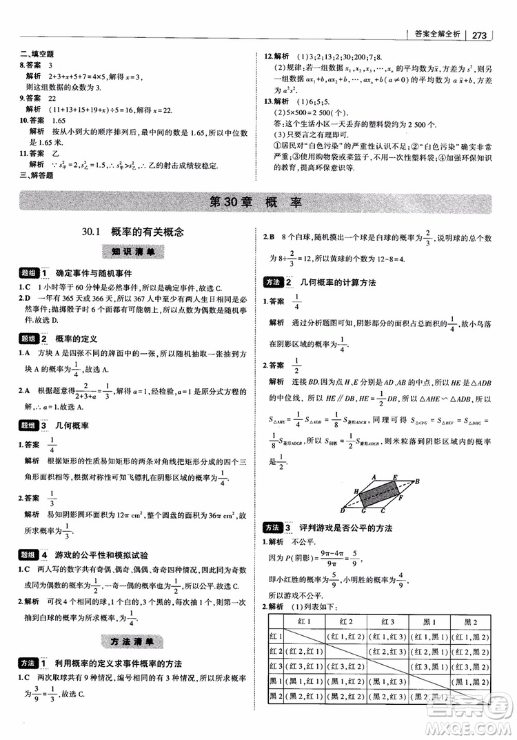 2019版初中習(xí)題化知識(shí)清單數(shù)學(xué)曲一線教輔參考答案