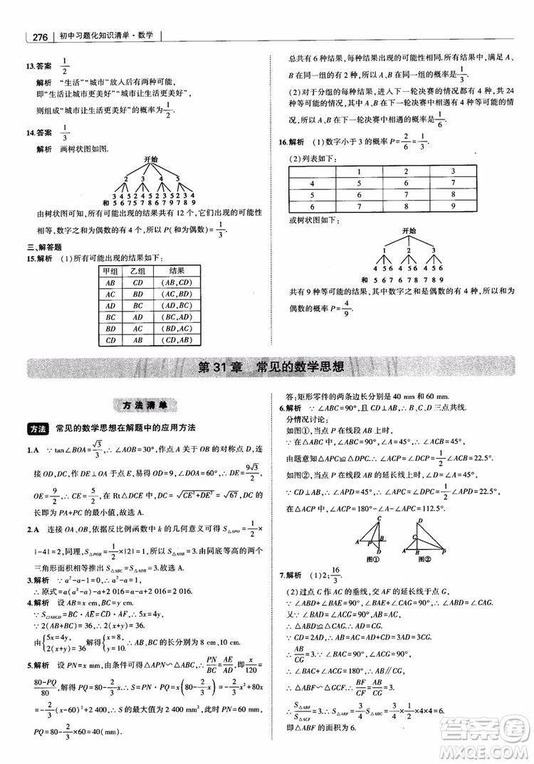 2019版初中習(xí)題化知識(shí)清單數(shù)學(xué)曲一線教輔參考答案