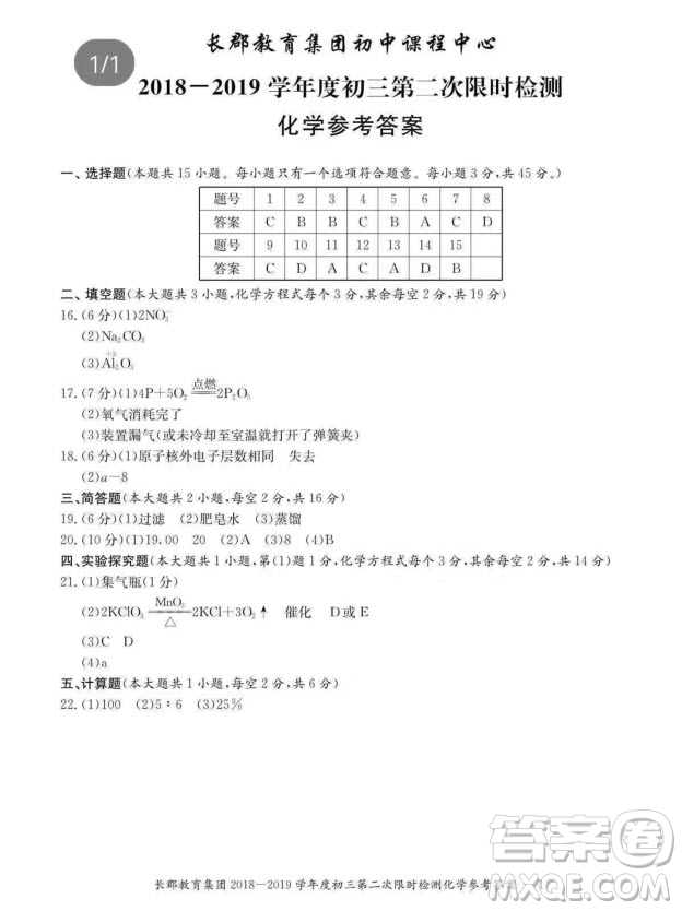 2018-2019學(xué)年度長(zhǎng)郡中學(xué)初三期中考試化學(xué)答案