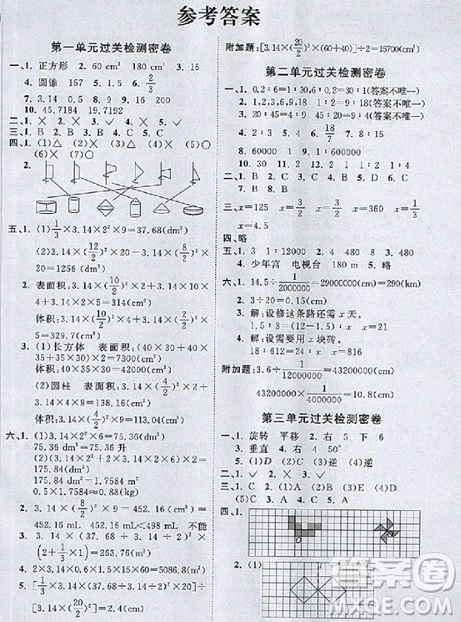 2018陽光同學(xué)一線名師全優(yōu)好卷六年級下冊數(shù)學(xué)北師版參考答案