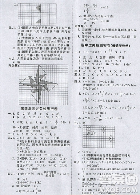 2018陽光同學(xué)一線名師全優(yōu)好卷六年級下冊數(shù)學(xué)北師版參考答案