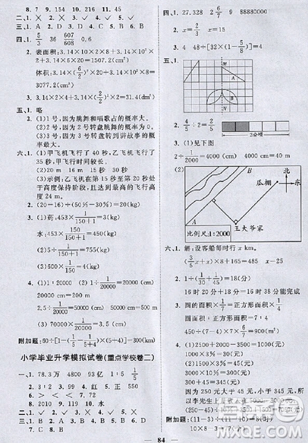 2018陽光同學(xué)一線名師全優(yōu)好卷六年級下冊數(shù)學(xué)北師版參考答案