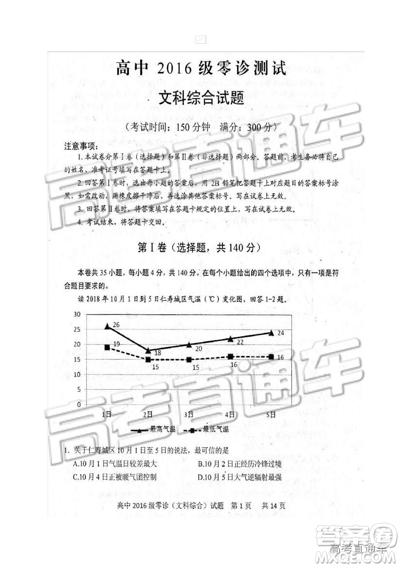 2019四川省仁壽縣高三11月份零診測試文綜試題及參考答案